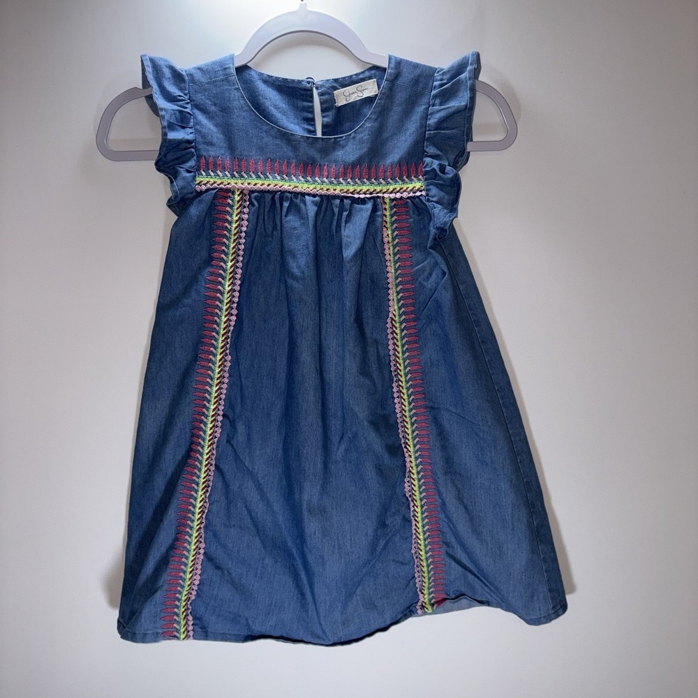 Jessica‎ Simpson Girls Chambray Dress Size 6X Embroidered Trim Boho-Chic A-line